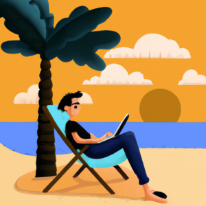 illustration of a remote worker, modern design, for the web, stress free, blissful, happy, relaxing on the beach, 4k, high resolution, trending in artstation
