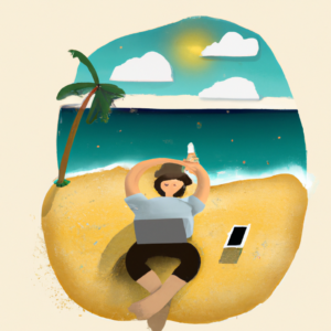 illustration of a remote worker, modern design, for the web, stress free, blissful, happy, relaxing on the beach, 4k, high resolution, trending in artstation